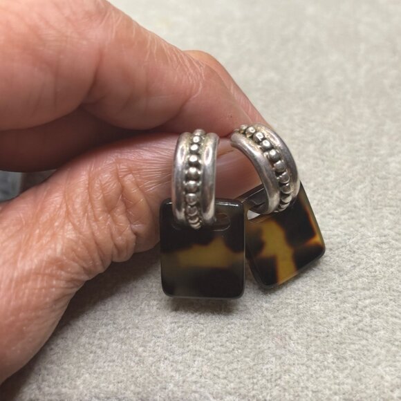 925 Silver Hoop Earrings Tortoiseshell-Style Dangles 2 IN 1 Style Wt 7.27g - Picture 7 of 7